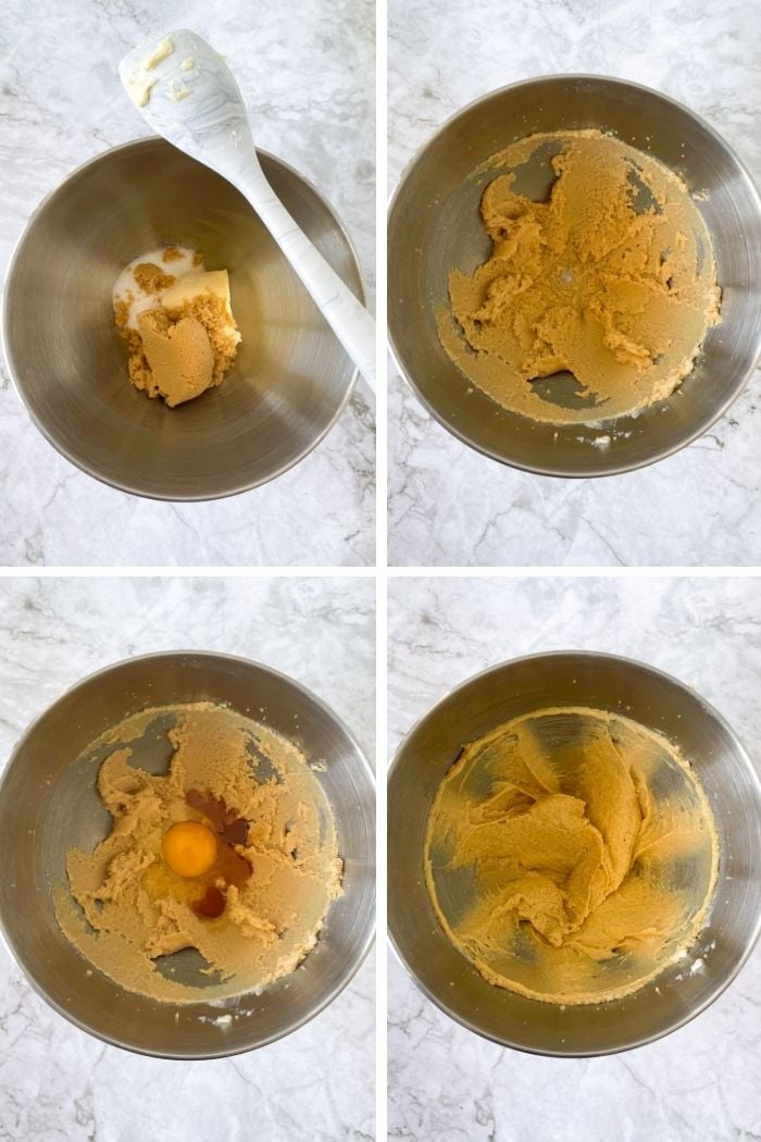 a collage showing butter and sugars being blended together